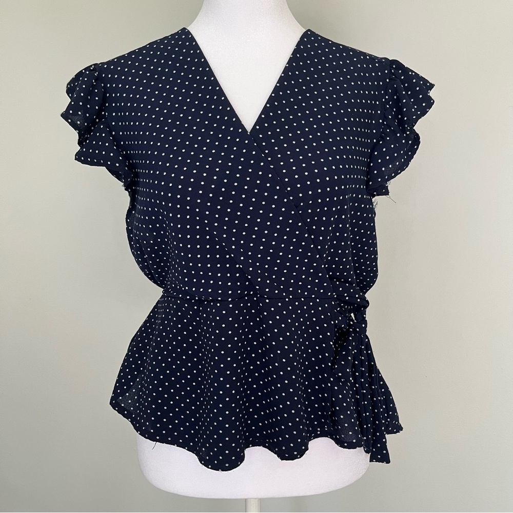 Wrap front polka dot navy blouse